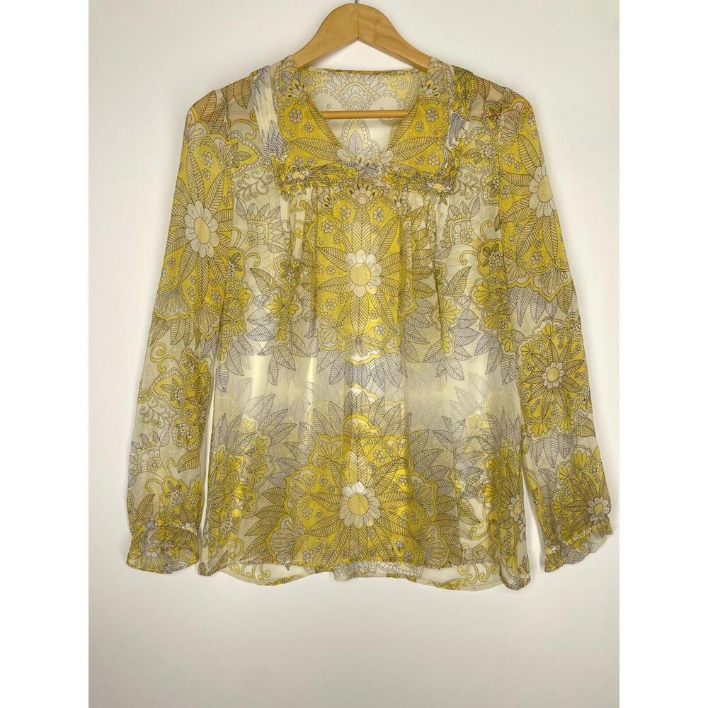 Vintage Sheer Silk Blouse Yellow Floral Print Boho Peasant Top Long Sleeve S/M